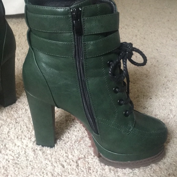 Dark army green, zip up, heeled platform boots - Picture 5 of 6